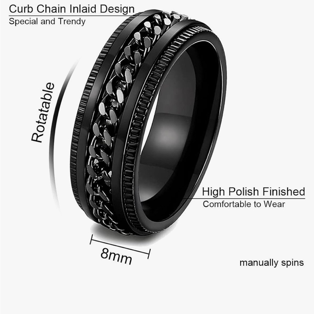 NEW✨Mens Ring Blck Chain Fidget Spin Sze 9 W Cuban Link Blck Bracelet 5mm/8in SS
